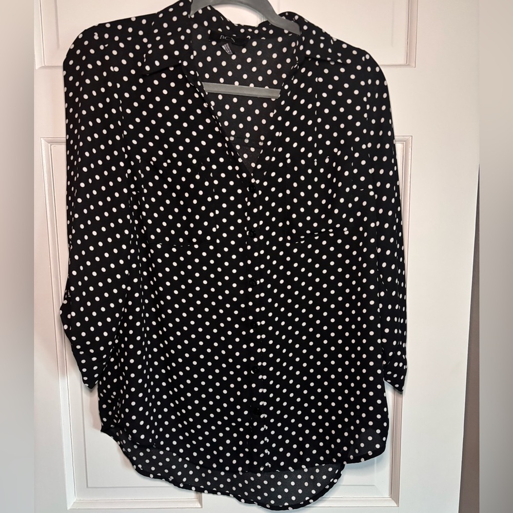 BCX Black and White Polka Dot Button Down Shirt